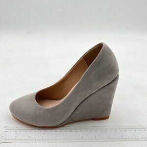 FOWT Grey Wedge Almond Toe Thick High Heel Slip On Comfy Faux Suede Pump
